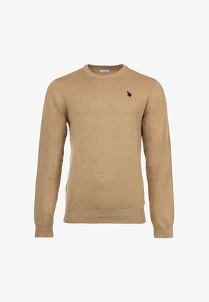 Beige lange mouw crewneck trui met ribgebreide manchetten en onderrand, met een klein donker paard en ruiter logo op de linkerkant van de borst.