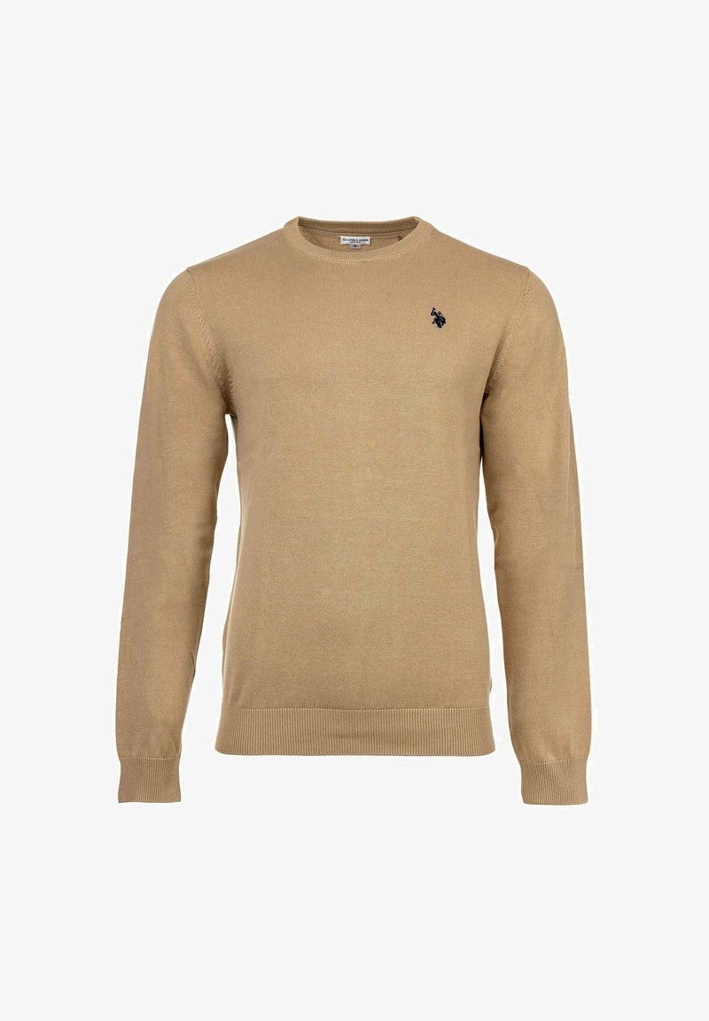 Maglione beige a maniche lunghe con girocollo, con polsini e orlo a coste, caratterizzato da un piccolo logo di un cavallo e cavaliere scuri sul lato sinistro del petto.