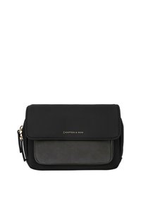 Černá syntetická crossbody taška s magnetickým klopním a šedým spodním panelem. Obsahuje zlatý hardwar a odnímatelný ramenní popruh.