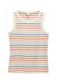 Ärmelloses Tanktop mit Rundhalsausschnitt. Mit horizontalen Streifen in Pink, Blau, Hellbeige und Braun. Aus weichem Baumwollmaterial gefertigt.