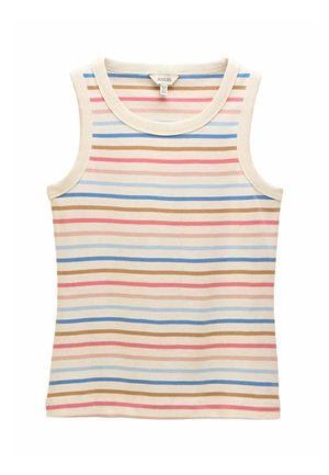 Ujjatlan top kerek nyakkivágással. Horizontális csíkokkal rendelkezik rózsaszín, kék, világos bézs és barna színekben. Puha pamut anyagból készült.