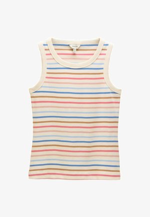 Top fără mâneci cu decolteu rotund. Prezintă dungi orizontale în nuanțe de roz, albastru, bej deschis și maro. Fabricat din material moale din bumbac.