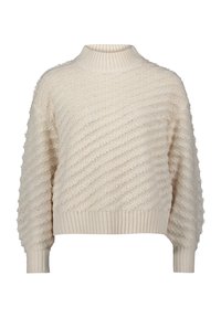 Beige gestrickter Pullover mit hohem Rippkragen, diagonalen strukturierten Mustern, langen puffartigen Ärmeln sowie Rippbündchen und Saum.