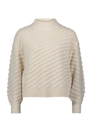 Beige gestrickter Pullover mit hohem Rippkragen, diagonalen strukturierten Mustern, langen puffartigen Ärmeln sowie Rippbündchen und Saum.
