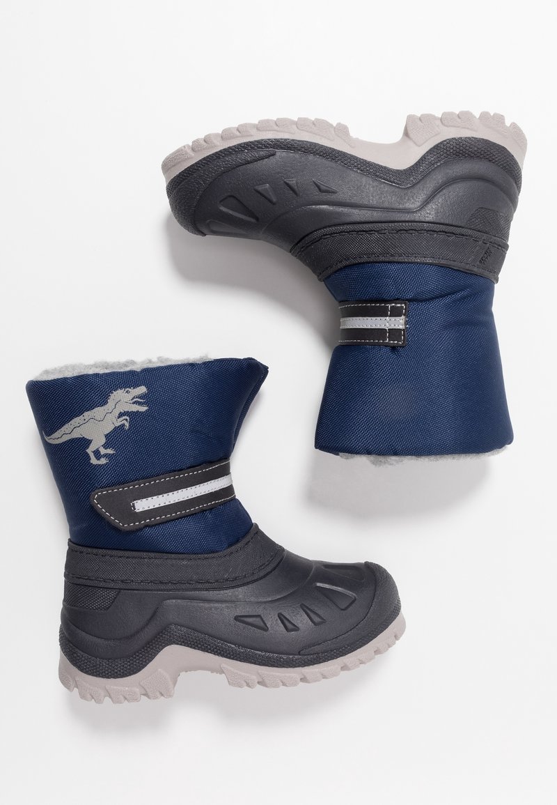 Bottes imperméables bleu marine avec semelles grises, ornées d'un motif de dinosaure, doublure en fourrure grise, et bandes réfléchissantes sur un bord en tissu.