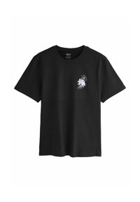 Schwarzes Baumwoll-T-Shirt mit einem weißen Blumendruck auf der linken Brustseite. Kurze Ärmel und Rundhalsausschnitt. Lässiger Schnitt.