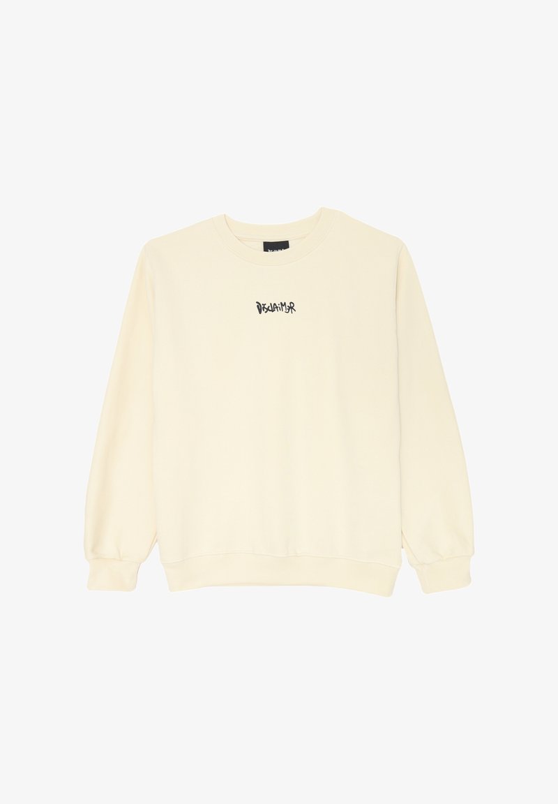 Maglione crema realizzato in tessuto morbido, con collo rotondo, maniche lunghe e un piccolo testo nero "DISCLAIMER" sul petto.