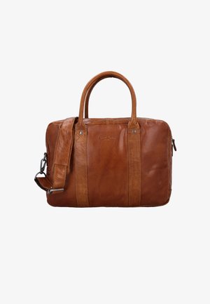 Pruun nahkane sülearvutikott kahe ülemise käepidemega ja eraldatava õlarihmaga. Omab õmblusaktsente ja siledat, tekstuurset viimistlust.