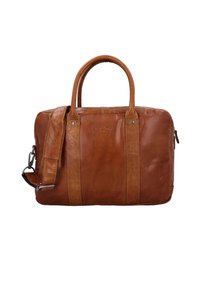 Brown leather laptop bag with two top handles and a detachable shoulder strap. Features stitching accents and a smooth, textured finish.