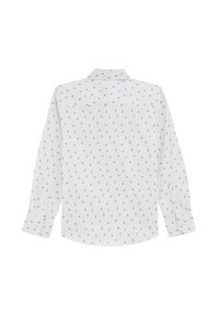 Camicia bianca a maniche lunghe con un motivo verde ripetuto. I polsini con bottoni e il colletto classico completano il design. Vista posteriore mostrata.