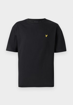 Black cotton t-shirt featuring a crew neck and short sleeves, with a small yellow eagle logo embroidered on the left chest.