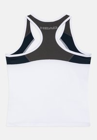 Bela atletska majica s racerback krojem. Ima črne mrežaste akcentne dele in ime blagovne znamke "HEAD" natisnjeno na zgornjem delu hrbta.