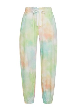 Jogger leggeri in tie-dye con colori pastello verde, rosa e blu. Vita elastica con cordoncino; polsini svasati alle caviglie.
