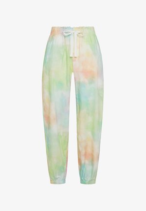 Keve tie-dye joggers dengan warna pastel hijau, pink, dan biru. Pinggang elastis dengan tali; manset yang menyusut di pergelangan kaki.