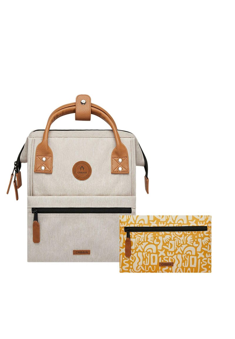 Gray fabric backpack with brown leather handles and accents, featuring a front zipper pocket; includes a detachable yellow patterned pouch.
