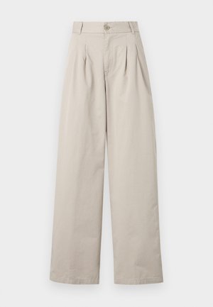 Beige wide-leg trousers made of cotton with front pleats, a button closure, belt loops, and a smooth texture.