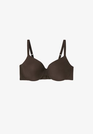 Soutien-gorge marron avec armatures, bonnets moulés et bretelles réglables sur fond blanc.