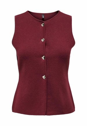 Burgundowa bezrękawnikowa bluzka z okrągłym dekoltem, zapinana na guziki z przodu, ozdobiona srebrnymi guzikami w kształcie serca, z teksturowanej dzianiny, dopasowana do sylwetki.