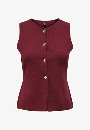 Burgundia ilma varrukatega top, ümmarguse kaelusega, nööpidega ees, millel on hõbedased südamekujulised nööbid, tekstuuriga kootud kangas ja vormiv siluett.