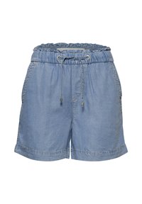 Short en jean bleu clair avec taille élastique, cordon, poches latérales et ourlets pliés.