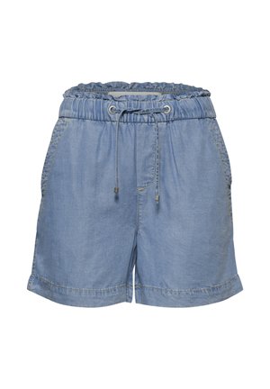 Lyseblå denimshorts med elastisk talje, snøre, sidelommer og bukseben, der er foldet op.