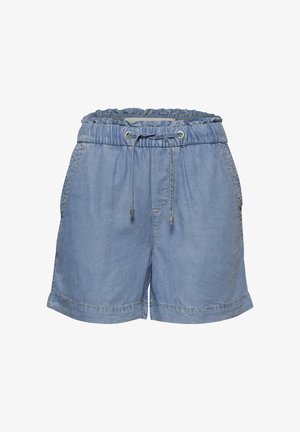 Pantalones cortos vaqueros azul claro con cinturilla elástica, cordón, bolsillos laterales y bajos doblados.