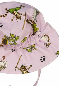 Lila bucket-hatt i mjukt tyg med lekfulla katt- och djurillustrationer, blommiga detaljer och en rynkad skärning.