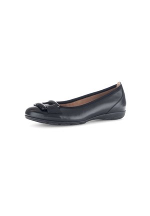 Black leather ballet flat with a rounded toe and a decorative buckle on the front. Low, slightly cushioned heel and textured sole.