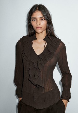 PLEATED WITH RUFFLE DETAIL - Blouse - dark brown