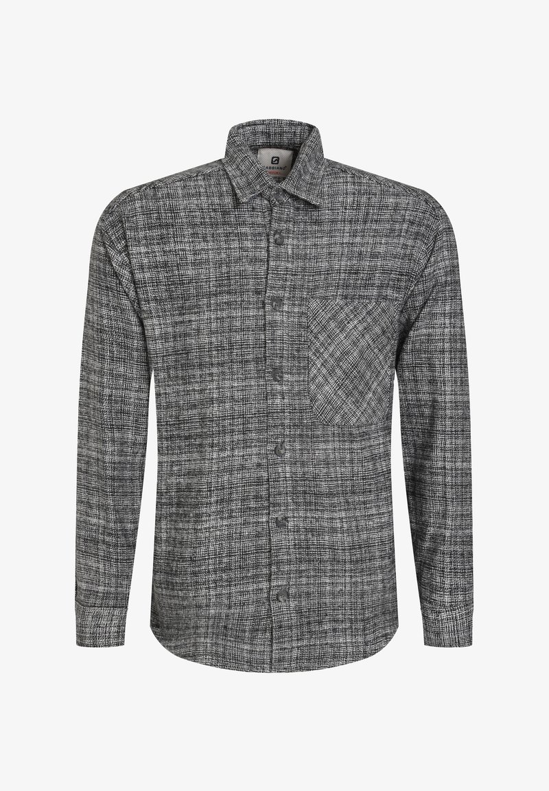 Ilgų rankovių mygtukinė marškiniai juodos ir baltos langeliais, turintys vieną krūtinės kišenę, klasikinį apykaklę ir tekstūruotą audinį.