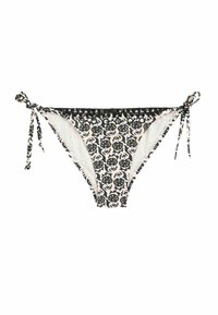 Svart och krämfärgad mönstrad bikiniunderdel med knytning i sidorna, med en blommig design och mjukt foder. Maskintvättbart tyg.