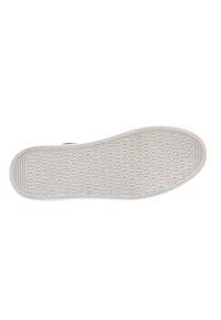 White rubber shoe sole with textured pattern of repeated letters, thin bordered edge, and horizontal grooves for grip.