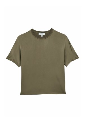 Olive green short-sleeve silk blouse with crew neckline and a small white label inside the collar.