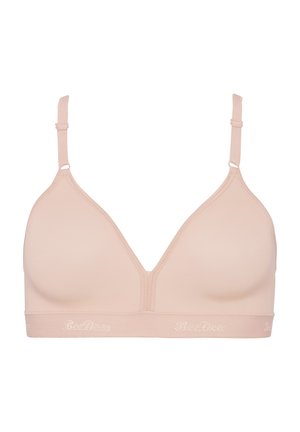 Hellrosa Dreieck-Bralette aus glattem Stoff, mit verstellbaren Trägern und einem Bündchen mit dezentem Logo-Detail am unteren Rand.
