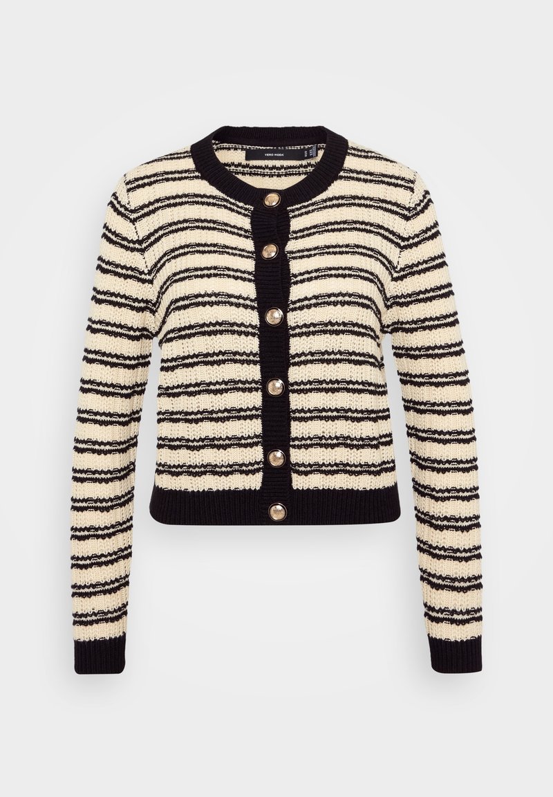 Cardigan en maille à rayures horizontales crème et noir avec bordure noire et six boutons dorés sur le devant, manches longues et encolure ronde.