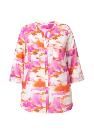Paita, jossa on nappikiinnitys, puolihihat ja värikäs vesivärikuvio vaaleanpunaisena, oranssina ja valkoisena. Mukana kaksi etutaskua.