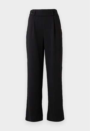 Black wide-leg trousers with a smooth texture, featuring a high waist with two button accents and neatly pressed front pleats.