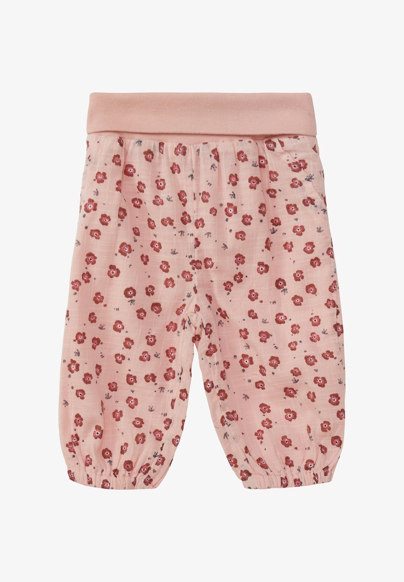 Pantalon rose clair avec un motif floral, présentant de petites fleurs rouges et des accents verts. Taille élastique et poignets froncés à la cheville.