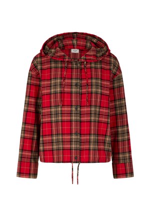 Rood geruite hoodie-jack met beige en zwarte accenten, voorzien van een trekkoord, knopen aan de voorkant en een cropped ontwerp. Zachte stof structuur.