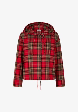 Red plaid hooded jacket with beige and black accents, featuring a drawstring, front buttons, and a cropped design. Soft fabric texture.