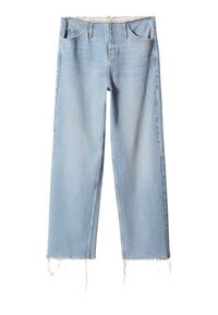Jasnoniebieskie dżinsowe spodnie typu wide-leg z wysokim stanem, z postrzępionymi brzegami i klasycznym pięciokomorowym stylem.