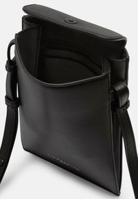 Black leather crossbody bag with a smooth texture, snap closure, and interior pocket. Features a slim design and adjustable strap.
