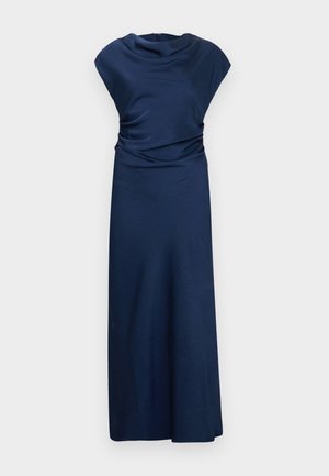 Navy-blaues, ärmelloses Maxikleid mit drapiertem Ausschnitt und geraffter Taille. Glattes, leichtes Material mit bodenlanger Silhouette.