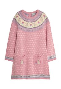 Vestito rosa lavorato a maglia con maniche lunghe, scollatura rotonda, giromanica decorato, due tasche con disegni di animali e accenti colorati sul bordo.