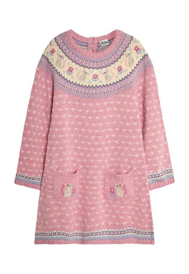 Vestito rosa lavorato a maglia con maniche lunghe, scollatura rotonda, giromanica decorato, due tasche con disegni di animali e accenti colorati sul bordo.