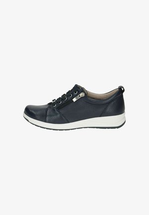 Sneaker in pelle navy con tomaia texturizzata, suola bianca, chiusura con lacci e dettaglio con zip laterale per un facile accesso. Design a profilo basso.