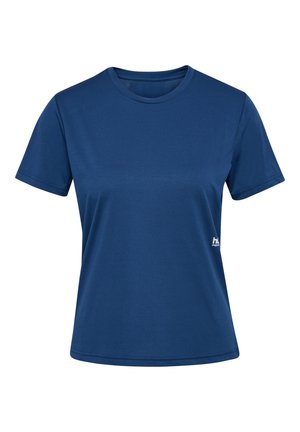 Blauw sportief T-shirt met korte mouwen, ronde hals en een klein wit logo aan de onderzijde aan de rechterkant.