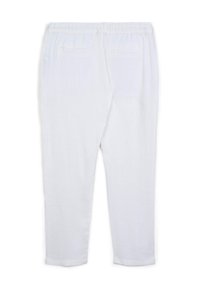 Pantaloni bianchi a gamba affusolata realizzati in un tessuto leggero. Presentano una vita elastica e due tasche posteriori senza motivi o decorazioni visibili.