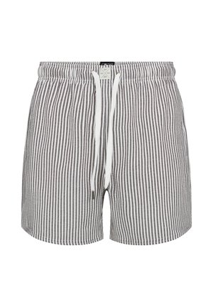 Gray and white vertical striped elastic waist shorts with a white drawstring and a front tag detail.