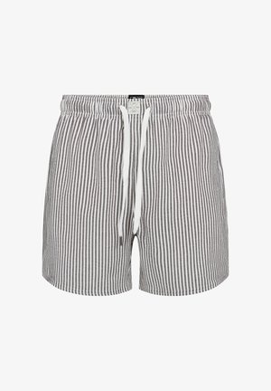 Grå og hvide vertikale stribede shorts med elastik i taljen, hvid snøre og en detalje med mærke foran.